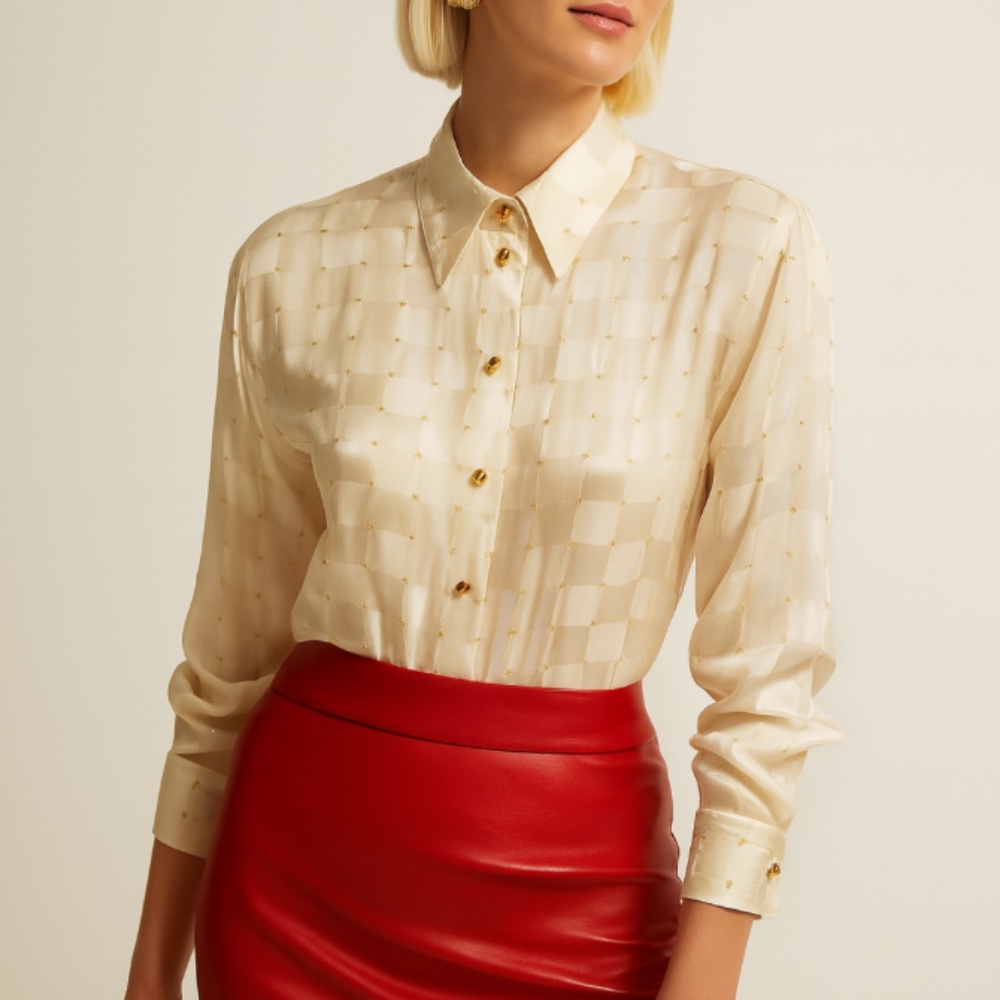 Escada Silk Cream Checkered Button-Up Blouse w/ small gold accents